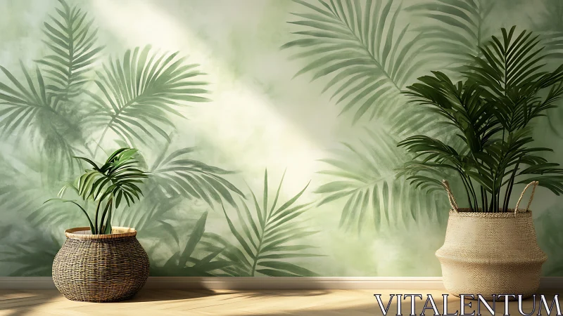Two potted palm plants stand before a leafy mural wall