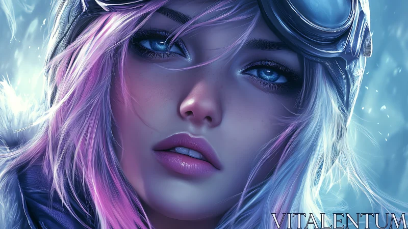 Close portrait of icy-haired woman with goggles in snow.