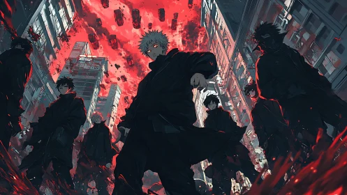 Vigilante squad advances through a collapsing crimson cityscape