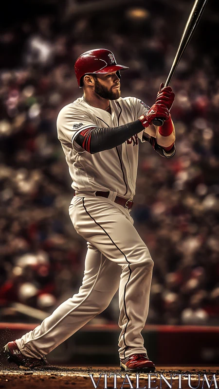 Right-handed batter poised in dramatic stadium lighting.