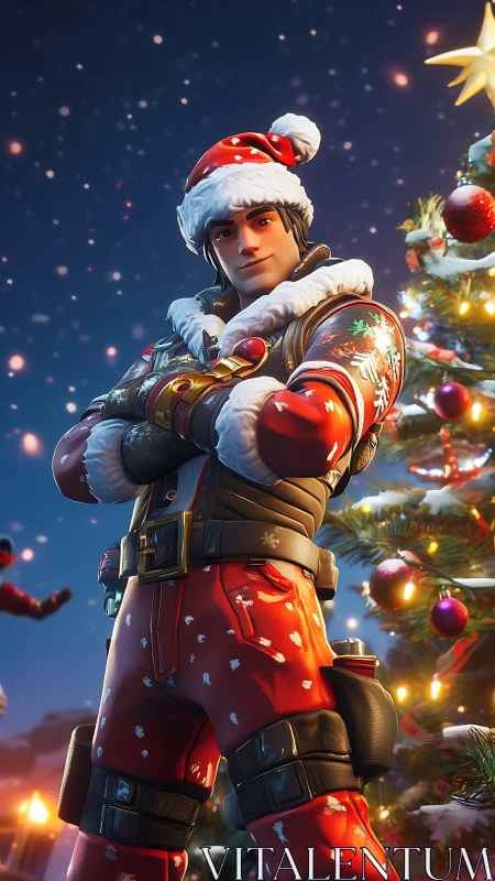 Stylized 3D holiday soldier in red Santa gear under lit tree