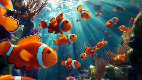 Clownfish school in clear sunlit coral reef habitat.