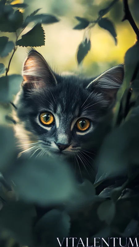 Black Cat with Golden Eyes Peering Through Garden Foliage.
