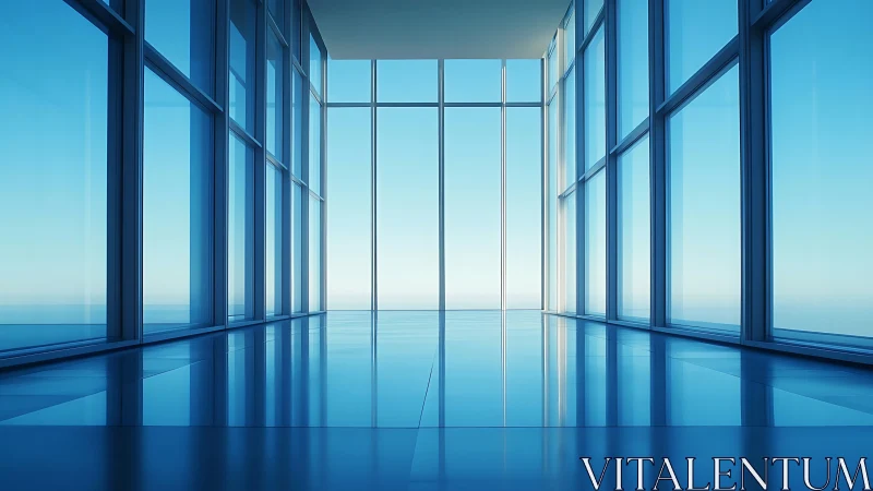Modern glass corridor with blue panoramic windows.