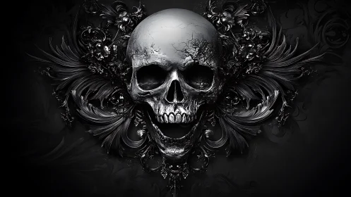 Human skull with ornate dark floral decorative elements.