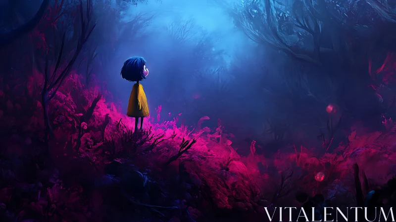 Digital painting of child in bioluminescent forest voidscape.