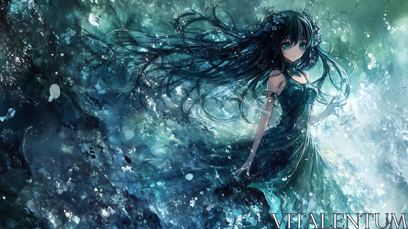 Mystical girl in swirling oceanic light stands in silence.