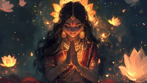 Gentle goddess in glowing lotus light, wrapped in quiet grace.