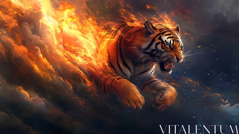 Inferno-striding tiger storms through dusk-lit ember clouds.