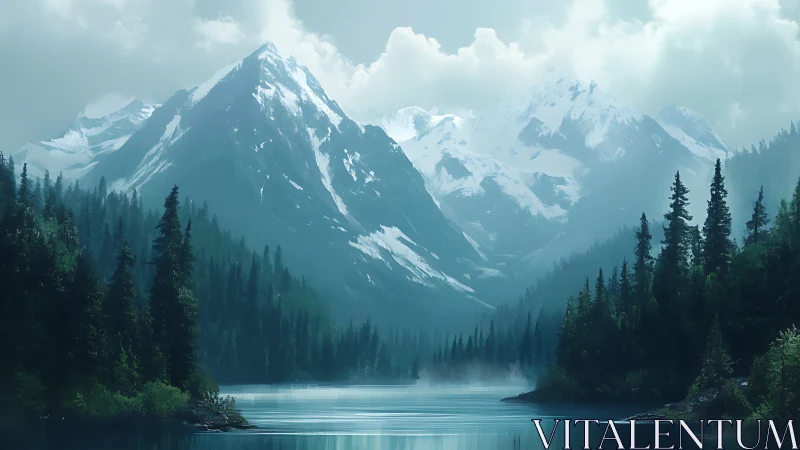 Snow covered mountain range above conifer lake landscape.