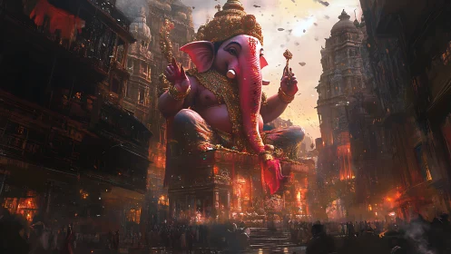 Colossal Ganesh idol illuminating a dense festival street.