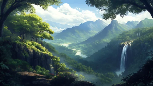Mountain valley landscape with cascading waterfall and forested terrain.