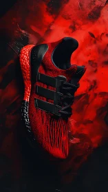 High-contrast red knit running shoe with sculpted foam sole