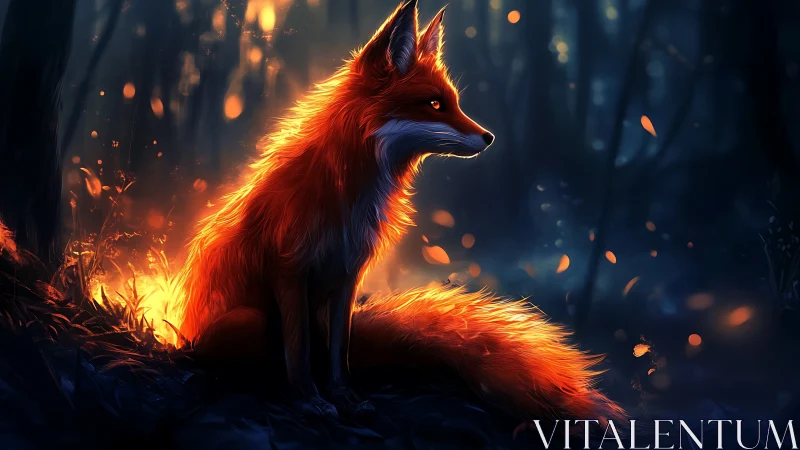 Luminous ember fox in glowing blue twilight forestscape.