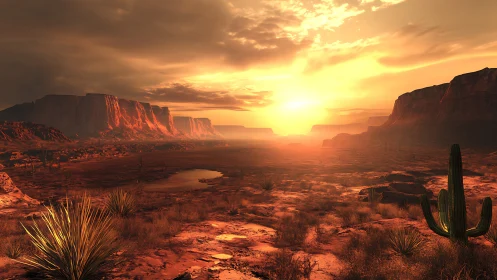 Sunset over red rock desert canyon with cacti and mesas.