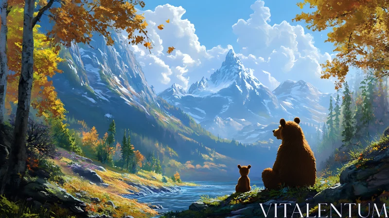 Bear family sharing a quiet moment by sunlit mountain lake.