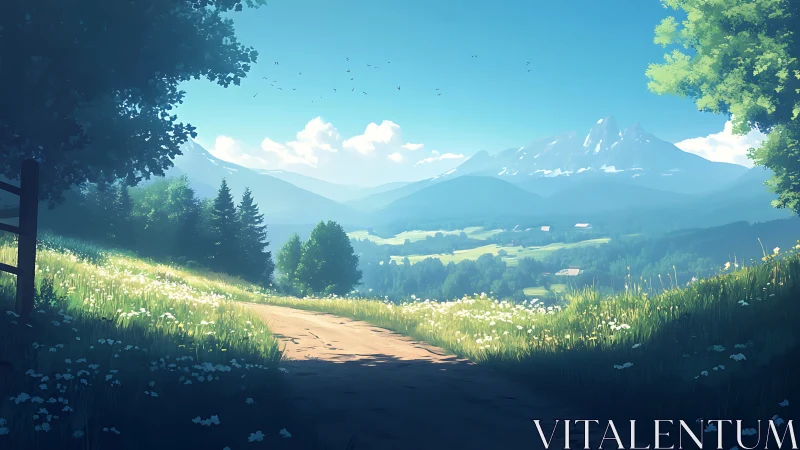Sunlit country path opens toward tranquil blue mountains