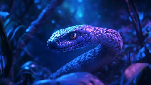 Bioluminescent blue snake in dense nocturnal jungle scene.