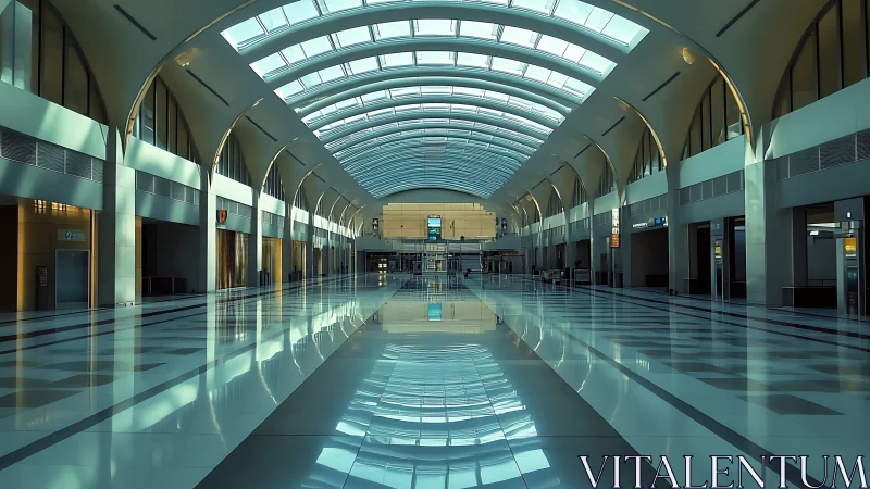 Symmetrical airport concourse under arched skylight with reflective floor