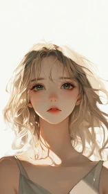 Sunlit daydream girl with soft windswept blonde hair.