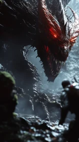 Digital painting of armored hunter confronting infernal forest dragon.