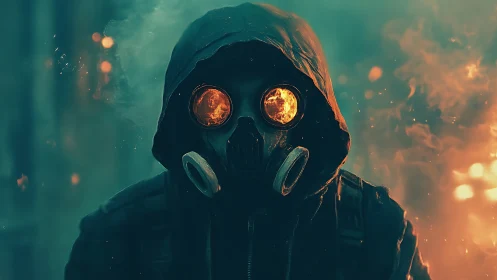 Hooded figure in gas mask against burning smoky backdrop.