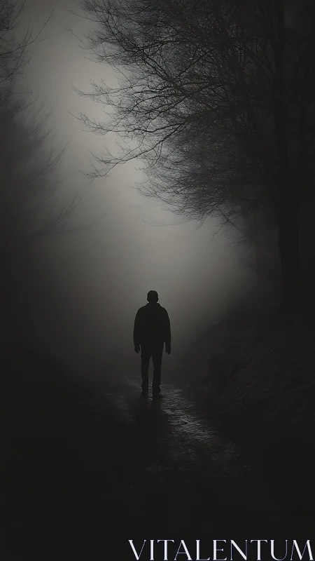 Silhouette on a fogbound woodland path, low-key composition.