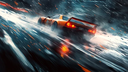 Orange race car drifting through wet neon lit roadway.