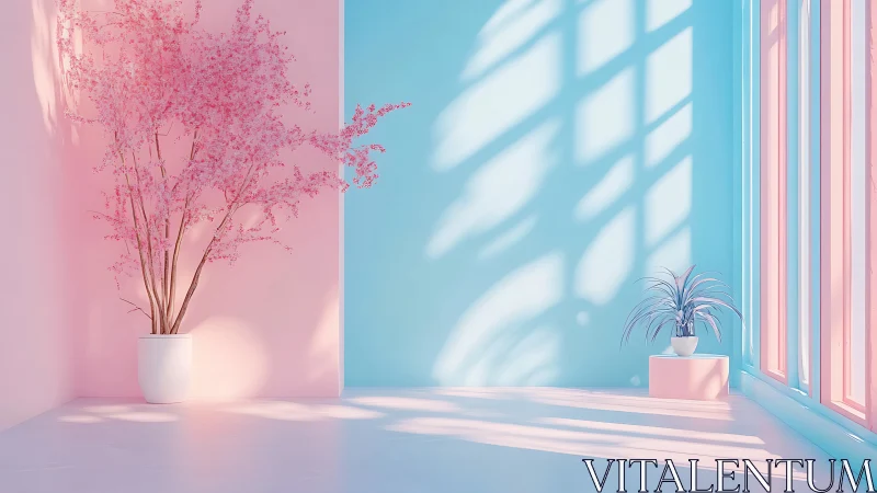 Sunlit pastel room balances cherry blossoms and calm space