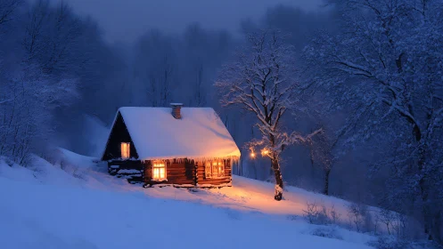 Gentle winter cabin glows warmly in a peaceful snowy forest