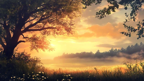 Backlit riverside tree at atmospheric golden hour sunrise