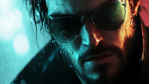 Rain-soaked renegade in neon glare and mirrored silence.