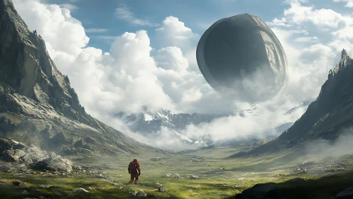 Lone explorer confronts colossal alien sphere in misty valley