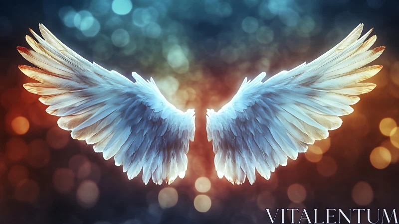Digital painting of luminous angel wings on bokeh field.