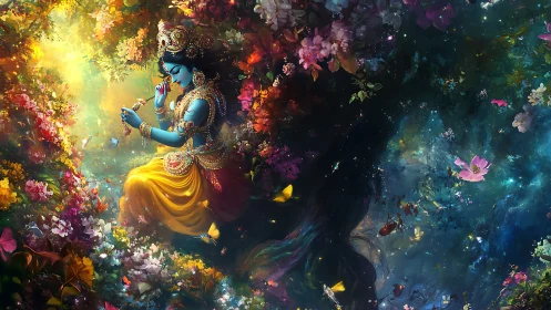 Divine blue figure in luminous floral cosmic forest tableau.