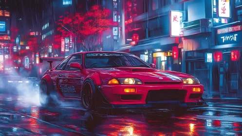 Red street racer cuts through neon soaked midnight rain