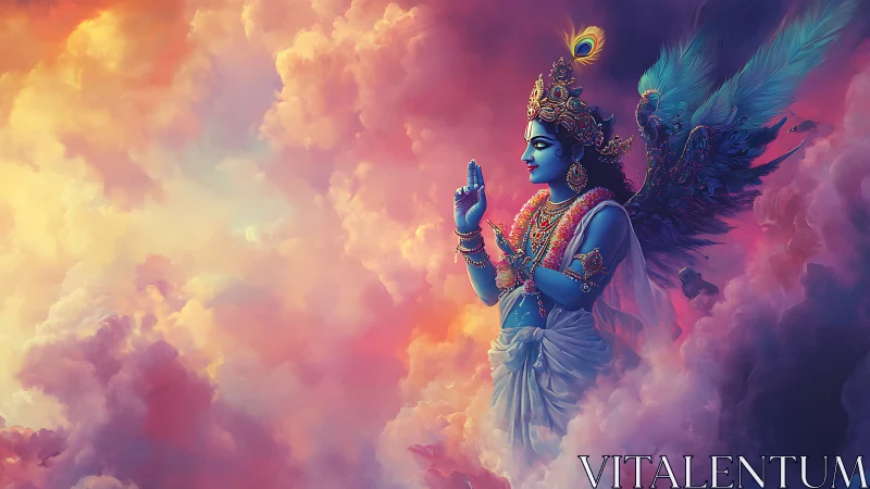 Celestial blue deity ascends through auroras of sacred cloud.