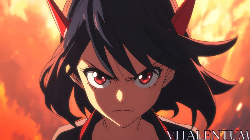 Intense anime girl with horns in fiery orange background.