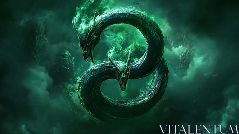Fantasy twin-headed serpent ouroboros in emerald stormscape.