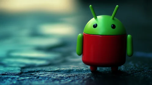 Green robot mascot on wet pavement with cinematic bokeh lighting.