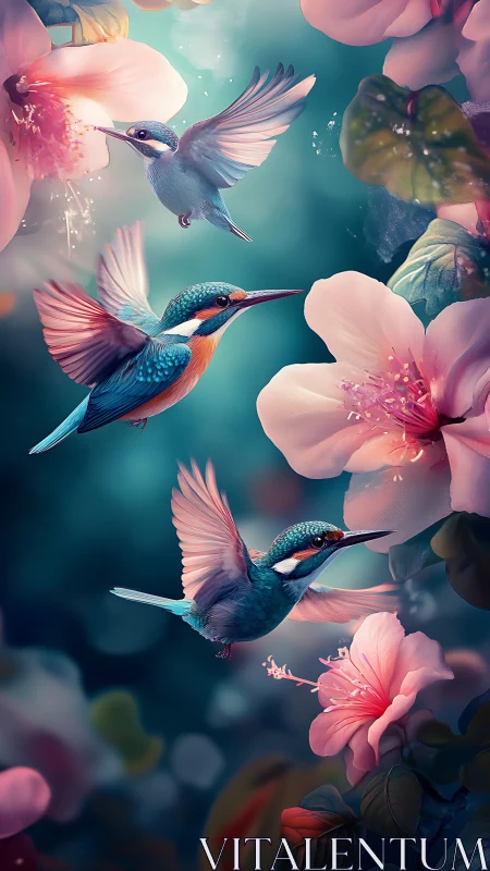 Colorful hummingbirds in flight around vivid pink flowers.