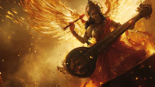 Flame-winged goddess strums celestial sitar of light.