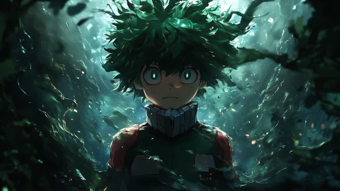 Emerald energy rises around a wide-eyed young hero.