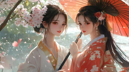 Two hanfu women under parasol in soft backlit blossom environment