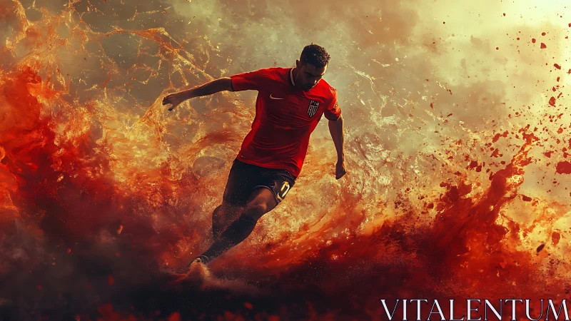 Kinetic football sprint through volumetric flame particles.