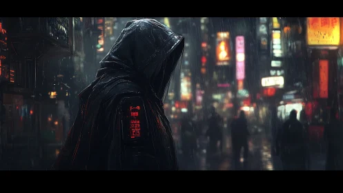 Hooded cyberpunk figure in rainy neon city street scene.