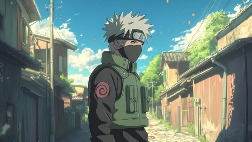 Calm masked ninja strolling a quiet sunlit village lane.