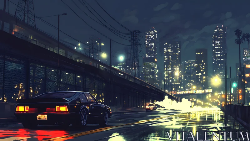 Retro sports car on neon soaked night city expressway.
