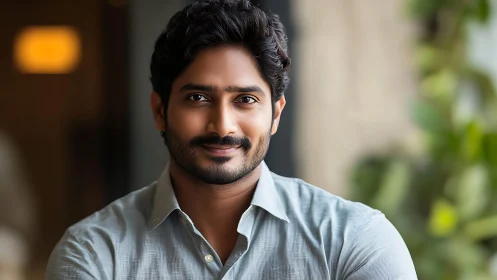 Confident young man smiling indoors in soft daylight.