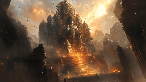 Colossal temple statue amid burning stone architecture.